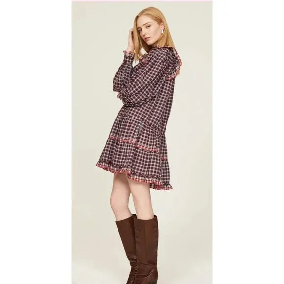 Ulla Johnson Elm Plaid Ruffle Mini Dress Size 8 Burgundy Check Long Sleeve - Picture 4 of 13